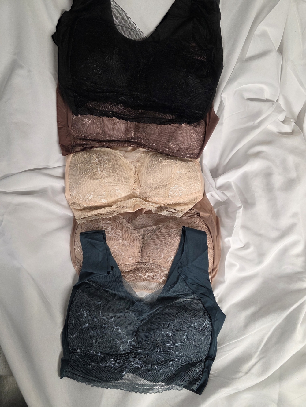 5 Pack Lace Bandeau Padded Bra/Bralette - Black, Mauve, Cream, Taupe, Slate Blue